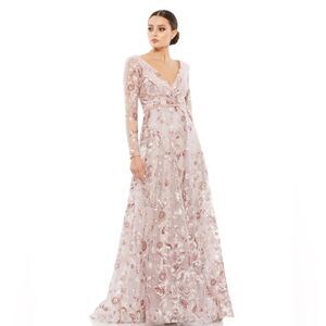 Mac Duggal EMBELLISHED V NECK ILLUSION LONG SLEEVE A LINE GOWN in rose size 4